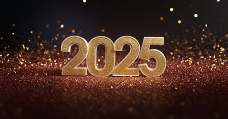 Luxurious and charming illustration of the number 2025 with shiny glitter decoration. Premium design for new year celebration.の写真素材