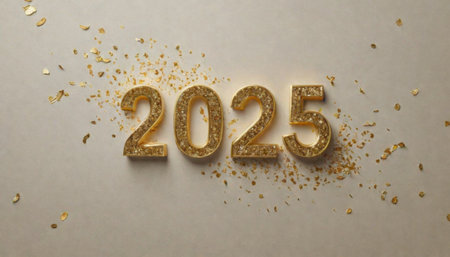 Elegant happy new year 2025 design with glitter numbers and glitter sprinkles on white background....