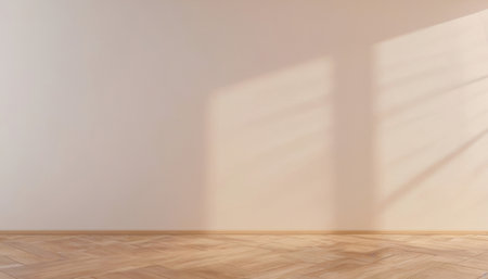 Spacious area with light wood flooring and soft shadows. Premium background for banners, posters or mockups.の写真素材