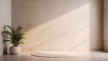 Chic and modern room with a large round pedestal and greenery. Premium and modern design for a...