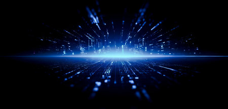 Glowing network nodes connected on a dark tech background. Modern sophisticated background design...