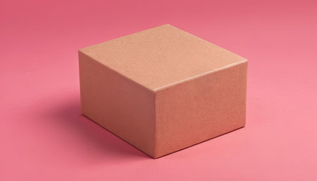 A brown cardboard box rests on a vibrant pink background. Premium photo mockup for elegant and clean...