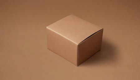 A single closed, brown cardboard box on a brown background. Premium photo mockup for elegant and...