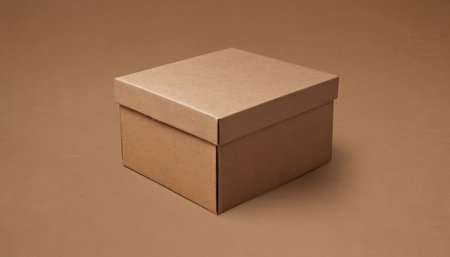 A closed brown cardboard box on a plain brown background. Premium photo mockup for elegant and clean...