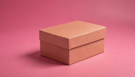 A closed cardboard box, brown in color, sits on a plain pink surface. Premium photo mockup for elegant and clean cardboard box product.の写真素材