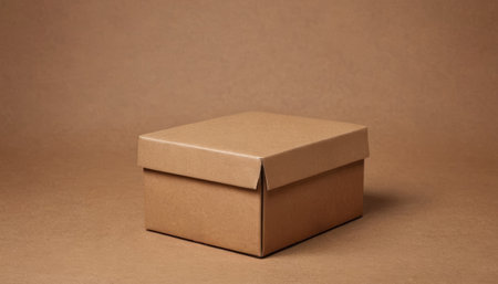 A plain brown cardboard box, closed and resting on a brown background. Premium photo mockup for...
