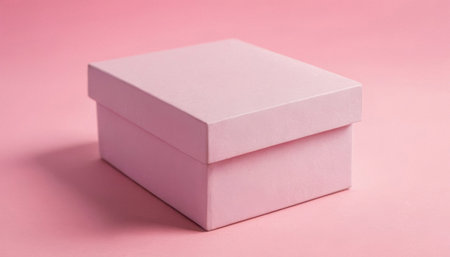 Single closed pink gift box sits on a pink background. Premium photo mockup for elegant and clean cardboard box product.の写真素材
