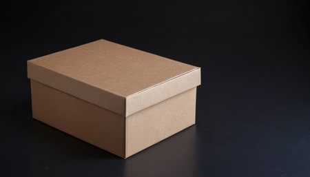 Single closed brown cardboard box sitting on a black surface. Premium photo mockup for elegant and...