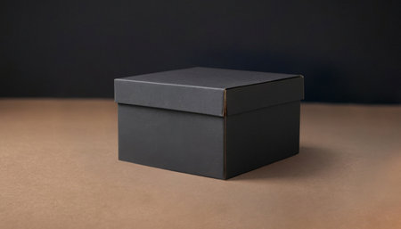 Closed black cardboard box sits on a brown surface. Premium photo mockup for elegant and clean...