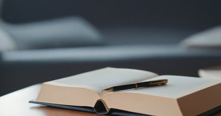 Luxury pen rests on an open book lying on a wooden table in a blurry room background. Premium photos with modern themes with elegant and luxurious pop colors.の写真素材