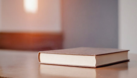 Single brown hardcover book sits on a light wood table in a softly lit room.の写真素材