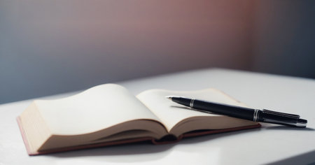 Open book with a black pen rests on a clean white table, suggesting a quiet moment of writing or reading. Premium photos with modern themes with elegant and luxurious pop colors.の写真素材