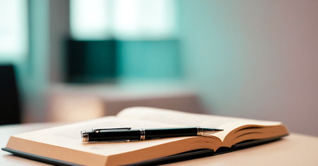 Sophisticated pen lies on an open book suggesting reading, writing or study. Premium photos with...