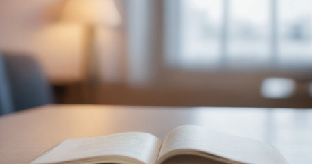 Slightly out of focus image shows an open book lying on a light colored table next to a window.の写真素材
