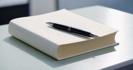 Sleek black pen rests on a pristine white notebook placed on a light-colored table, suggesting a minimalist workspace.の写真素材