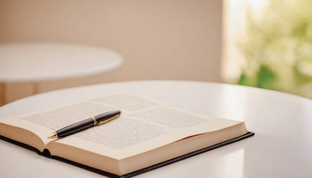 Close up image shows an open book with a pen resting on its pages on a white table. Premium photos...