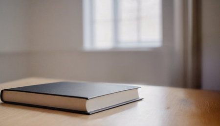 Closed dark-colored hardcover book lies on a light wooden surface in a softly lit room.の写真素材