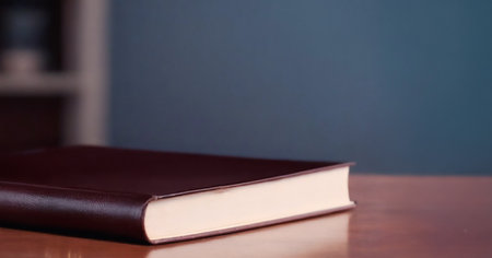 Single, closed, dark brown leather-bound book lies on a wooden table against a blurred background. Premium photos with modern themes with elegant and luxurious pop colors.の写真素材