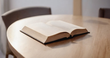 Open book lies on a light-colored wooden table in a tranquil setting.の写真素材