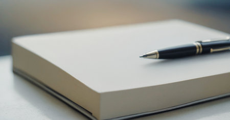 Close-up image shows a blank notepad and a pen, suggesting readiness for writing or note-taking....