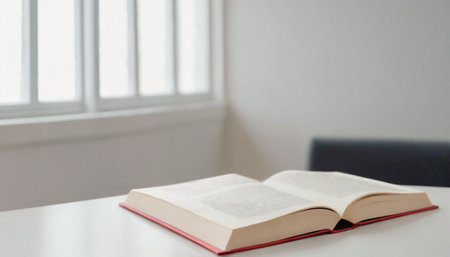 Open book with red cover sits on a white table in front of a window, suggesting a peaceful reading space.の写真素材