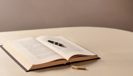 Open book with a black and gold pen lies on a beige table suggesting a scene of reading or writing....