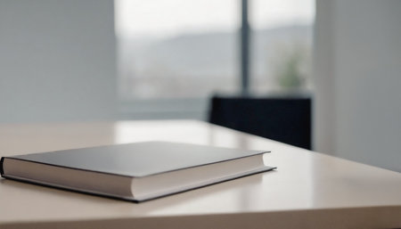 Single, closed hardcover book sits on a light-colored table in a bright room with a blurred background.の写真素材