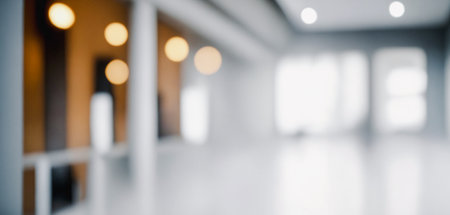 Blurry image depicts a modern and minimalist office interior with soft lighting and muted color tones. Modern bokeh photos for poster, banner and print backgrounds.の写真素材