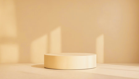 Single pale yellow cylindrical platform sits on a matching floor against a pale yellow wall with soft light and shadows.の写真素材
