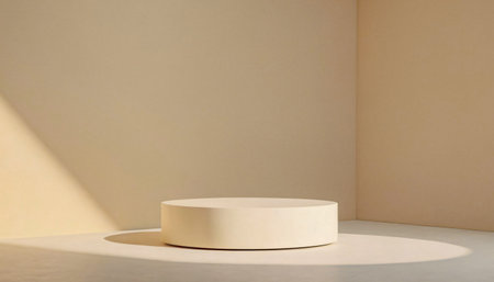 Simple cream colored cylindrical display platform sits in a neutral beige corner illuminated by sunlight. Premium product photos for product advertising purposes on social media.の写真素材