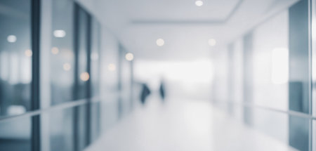 Softly blurred image depicts a modern office hallway with indistinct figures walking through it.の写真素材