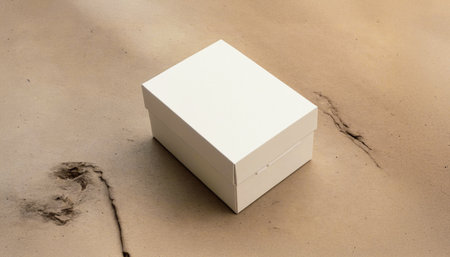 Plain white cardboard box sits on a textured brown surface providing a simple product presentation backdrop.の写真素材