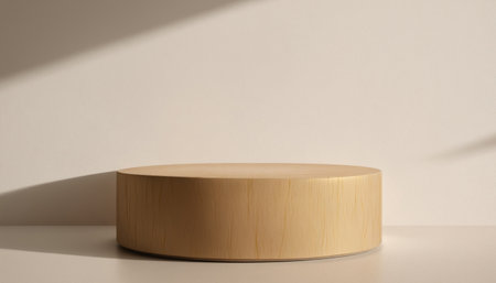 Minimalist product display featuring a wooden platform against a white wall with sunlight casting shadows. Premium illustrations for advertising product photos.の写真素材