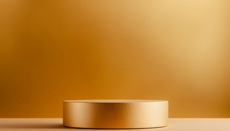 Gold cylinder platform on a beige surface against a yellow background, ideal for product display. Premium photo mockup for product photography purposes.の写真素材