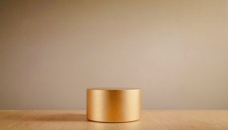 Single golden cylinder sits in the middle of a light wood tabletop against a light beige background. Premium photo mockup for product photography purposes.の写真素材