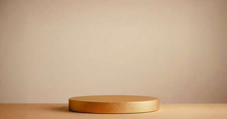 Golden cylindrical platform stands alone on a tan surface against a neutral background. Premium photo mockup for product photography purposes.の写真素材