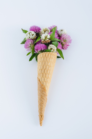 Ice cream cone with flowers on white background. Flat lay. Top view.の写真素材