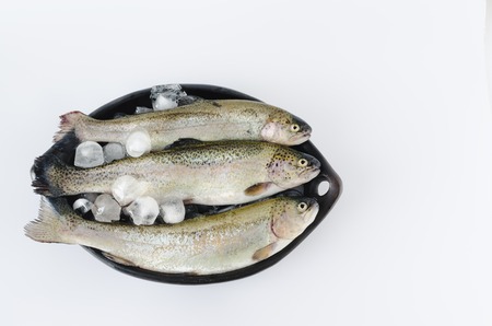 Trouts in black ceramic bowl on white background. Top view.