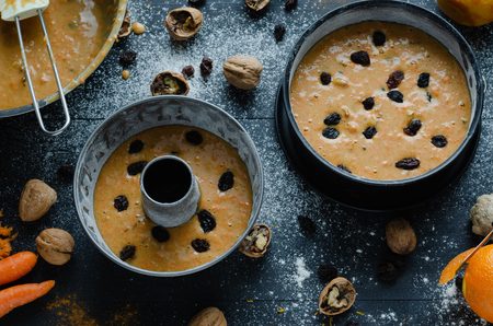 Cake making with a view of all the ingredients. Top view. Flat lay.の写真素材