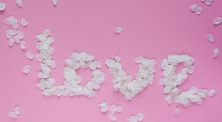 Word love with white flower petals on pink background.の写真素材
