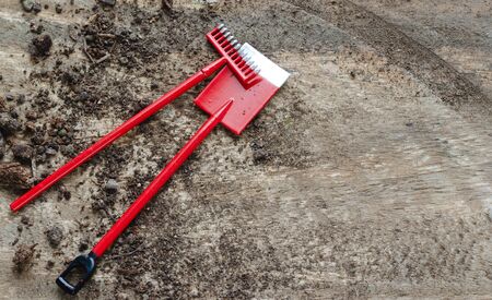 Gardening tools and earth on dark wooden background. Copy spaceの写真素材