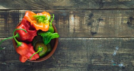 Peppers in bowl on rustic wooden background. Copy space.の写真素材