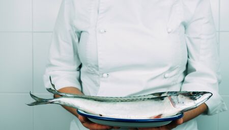 Woman in chef's clothes showing a dish with fresh fish. Kitchen concept. Fresh mackerel on a white plate.の写真素材
