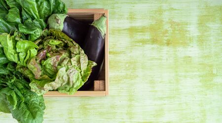 Wooden box with vegetables on a green wooden base. Copy space on the right. Concept Vegetables.の写真素材