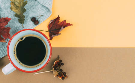 Cup of coffee and dried leaves on an orange and brown background. Autumn concept. Copy space.の写真素材