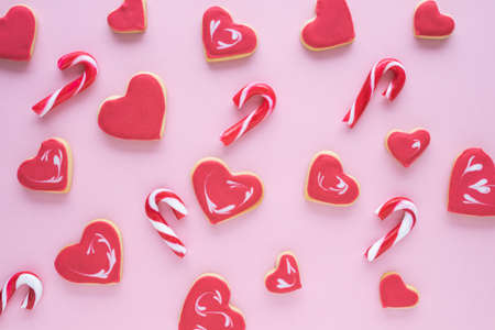 Cookies for christmas different shapes on a pink background. Flat lay.の写真素材