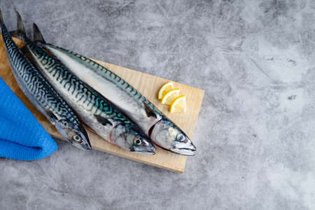 Mackerel on wooden background on marble background. Copy space. Fresh fish concept.