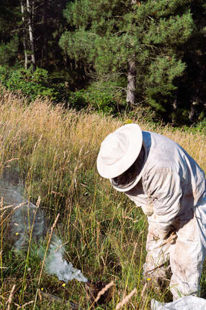 Beekeeper preparing his equipment in the field. Copy space.