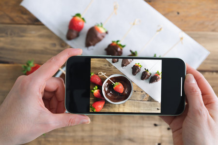 Strawberries with chocolate on a wooden background. Hand taking photos with cell phone to the process of dipping strawberries. Copy space.の写真素材