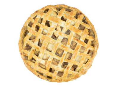 Baked apple pie with trellis decoration on a white background. Top view.の写真素材